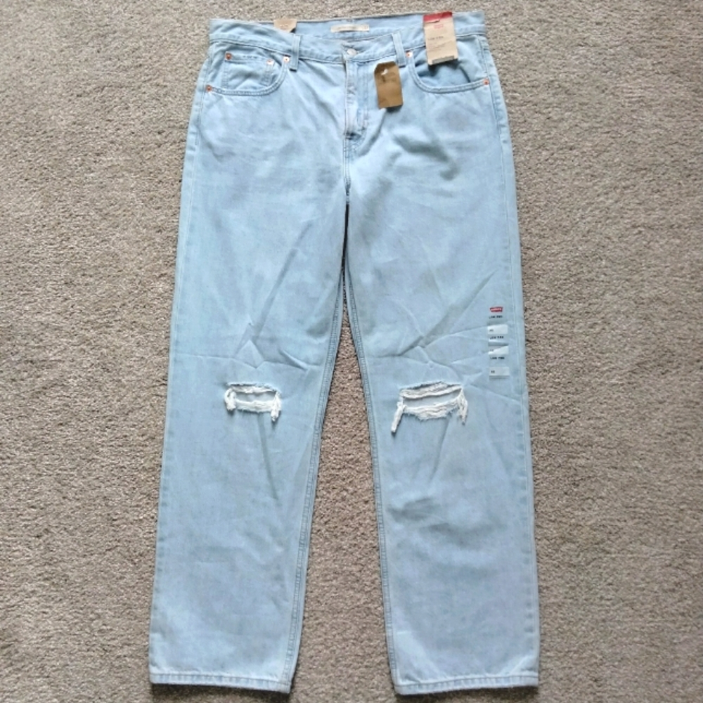 NWT 32 14 Levi's Low Pro Straight Leg Light Wash Destructed Denim Jeans NEW